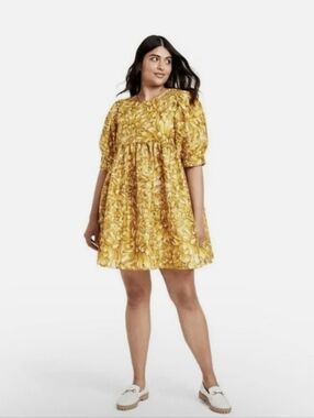 NWT Kika Vargas x Target Gold Floral Puff Sleeve Mini Dress - Sz Large